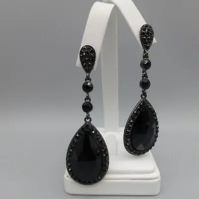 Black Rhinestone Waterdrop Dangle Drop Post Earrings Gunmetal Tone VTG Estate • $12.99