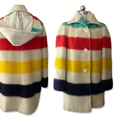 Vintage Hudson Bay Blanket Coat Sz M Wool 4 Stripes Hooded Womens 1950s Hudsons • $275