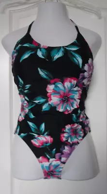 Eco Beach Black One Piece Floral Print Swim Suit Size Medium  Shelf Bra • $19.95