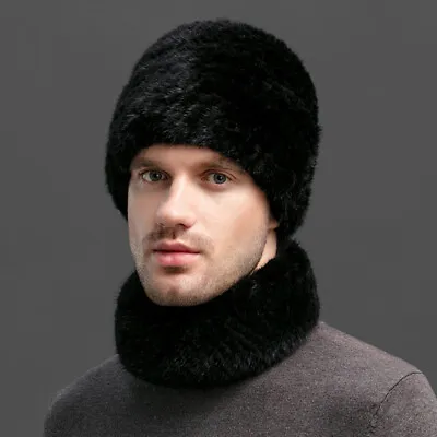 Men's Real Mink Fur Hat Scarf Set Knitted Elastic Beanie Warm Outdoor Collar Cap • $39