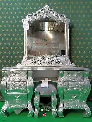 UK Stock ~ Silver Oriental French Mahogany Wood Rococo  Dresser Mirror Stool • $1866.33