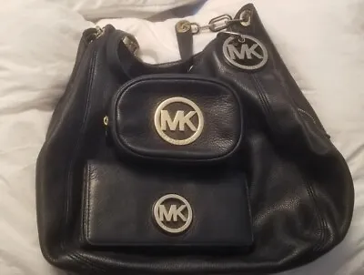 Vintage Michael Kors Fulton Set Of 3 Large Hobo Bag Makeup Bag And Lg Wallet • $189