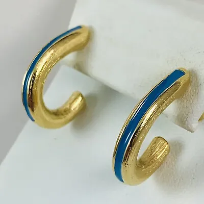 Vintage AVON Gold Tone Blue Enameled Half Hoop Pierced Earrings • $19.99