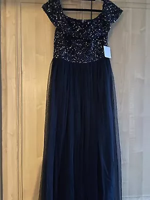 Maya Deluxe Navy Sequin Embellished Evening Party Maxi Dress UK Size 10 Bardot • £40