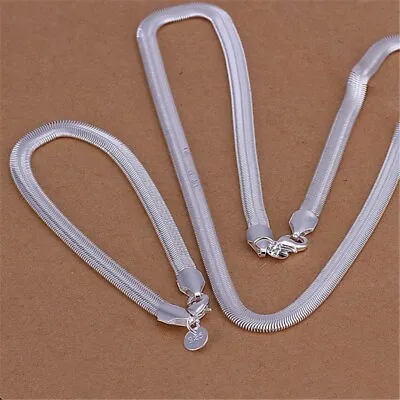 925 Sterling Silver Bracelets Necklace Set Women Men 6MM Soft Flat Snake Chain • $3.33