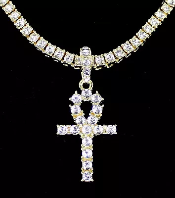 Iced Ankh CZ Pendant Medallion Tennis Necklace 14k Gold Plated Hip Hop Jewelry • $8.99