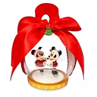 Disney Parks Minnie & Mickey Mouse Skating Ball Glass Red Bow Ornament New • $24.77