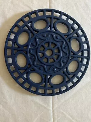 Vintage Cobalt Blue Cast Iron Ornate Round Trivet Footed • $10