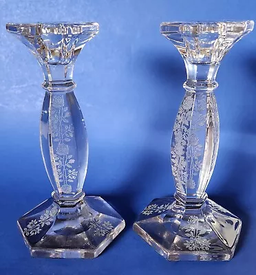 Vintage HEAVY Crystal Candlesticks/Holders Rose Floral Etched 7 1/2  Superb Cond • $30