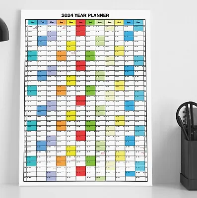 Year Planner Annual 2024 Portrait Wall Chart Organiser Work Rota Calender Planer • £5.49