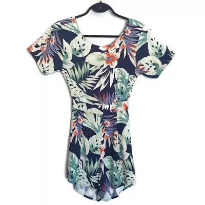 Motel Rocks Tropical Palm Romper Womens Size XS Blue Green Cut Out Short Sleeve • $34.95