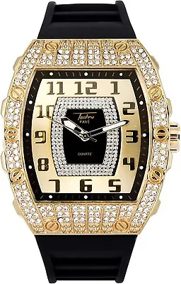 Men Iced Watch Gold Bling Lab Diamond Black Rubber Band Hip Gold Dial Luxury  • $24.98