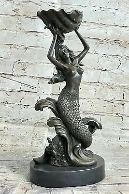 Hot Cast Nude Mermaid With Shell Candelabra Bronze Mythical Figurine-Figure Art • $174.50