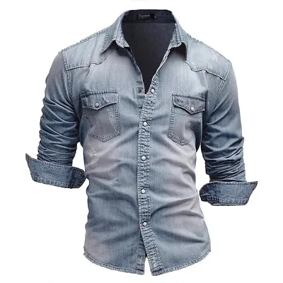 New Mens Denim Jeans Shirts Long Sleeve Casual Slim Stylish Washed Cotton Shirts • $18.50