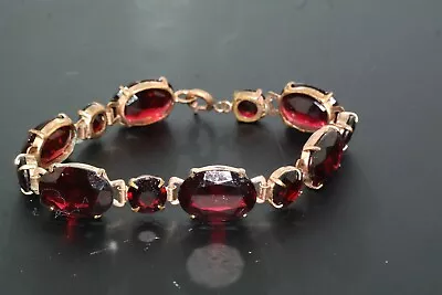 Art Deco Czechoslovakia Faceted Garnet Red Czech Glass Gold Tone Link Bracelet • $35