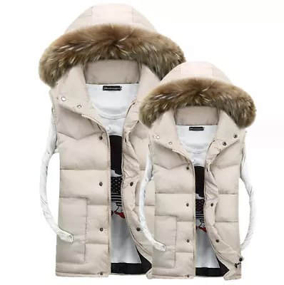 Stylish Men's Hooded Down Vest Big Fur Hood Winter Warm Sleeveless Jacket NEW SZ • $92.01