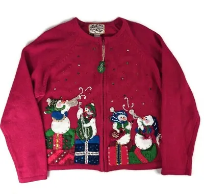 Womens Knitted Christmas Sweater Xl Cardigan Music Snowmen Heirloom Collectibles • $20.13