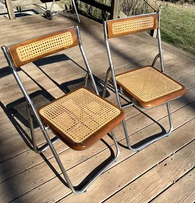 2 Vintage MCM Rattan Wood & Chrome Folding Card Table Chairs RARE! • $149.95