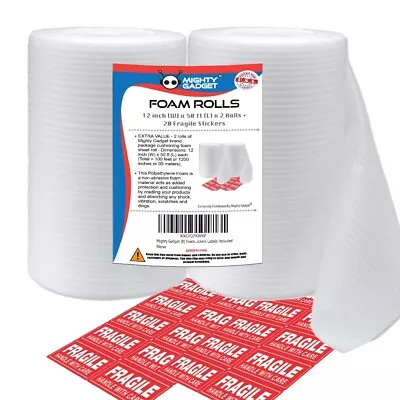2 Pack Foam Wrap Roll 12  Wide X 100 Ft Total 1/16  Thick Free Fragile Stickers • $14.99
