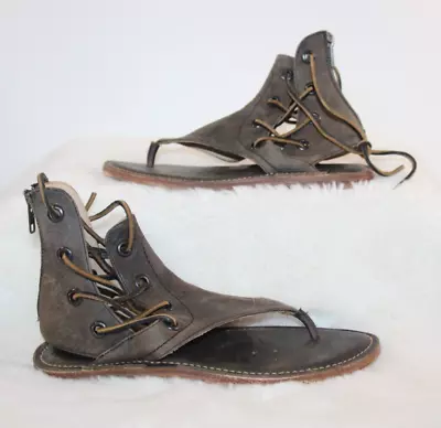 Baske Free People Charcoal Black Leather Lace Up Flat Nomad Thong Sandal Size 8 • $39.99