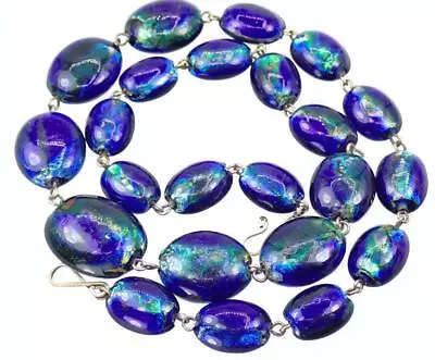 Glorious Vintage Art Deco Bohemian Murano Blue Green Foiled Glass Bead Necklace • $79