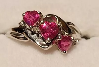 Vtg PINK RUBY Hearts Ring SZ 7 DIAMONDS WHITE GOLD Signed 10k Prong Set Jewelry • $155