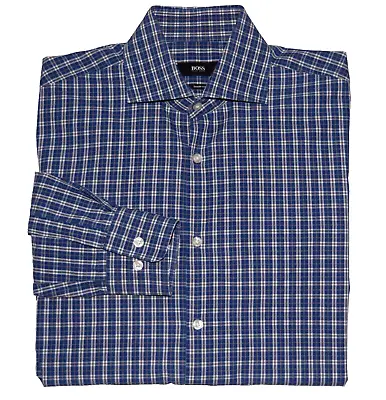 HUGO BOSS Sharp Fit Blue White Plaid Long Sleeve Button Down Shirt Sz 15.5-32/33 • $29.95