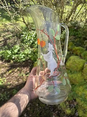 Large Pitcher Glass Blown Enamelled Towards 1900 Aka Mary Gregory & Carafe • $537.05