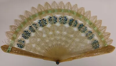 C1830 Folding Brise Horn Hand Fan Pierced And Hand Painted • $150