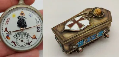 Antique Masonic Omega Pocket Desk Watch Memento Mori Skull Enamels • $1