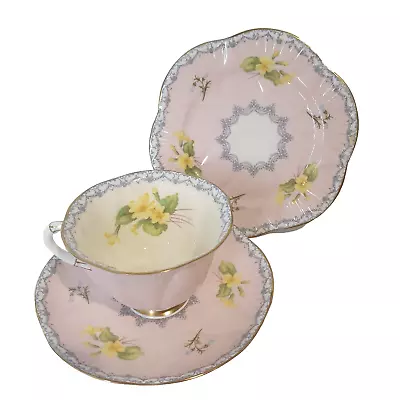 Shelley 1950s Dainty Primrose Mauve Footed Tea Cup Saucer And Plate 3 Pieces • $202.61