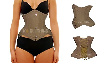 Cotton Corset Beige Steel Boned UnderBust Cincher Waist Shaper Gothic Lace Up • $41.99