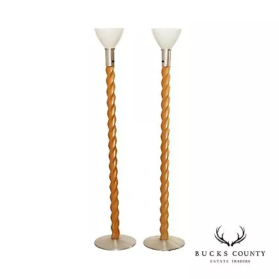 Russel Wright Mid Century Modern Pair Of Oak Spiral Torchiere Floor Lamps • $1195