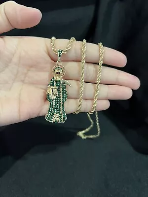 Gold PLATE GREEN CZ Mens Small Santa Muerte Grim Reaper Pendant & Rope Chain • $30