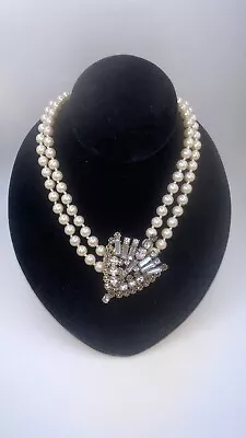 Rare Vintage Signed J. Crew Twisted 2 Row Chunky Faux Pearls Necklace/Crystals • $122.99