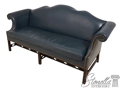 62759EC: HANCOCK & MOORE Blue Leather Chippendale Mahogany Sofa • $2795