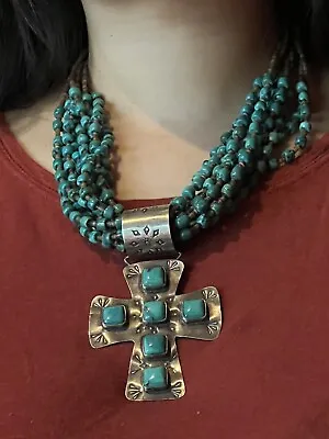 Vintage Santo Domingo Style 10 Strand Turquoise Heishi Necklace & Cross Pendant! • $295