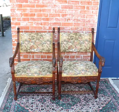 French Antique Renaissance Pair Of Walnut Wood Upholstered Arm Chairs • $1800