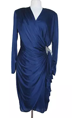 Vintage 80s Wrap Cocktail Dress M/L Women Blue Shirred Nylon Bead Detail • $49.99
