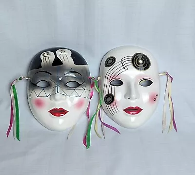 Ceramic Masquerade Face Mask Painted Wall Decoration Mardi Gras Set Of 2 • $29.99