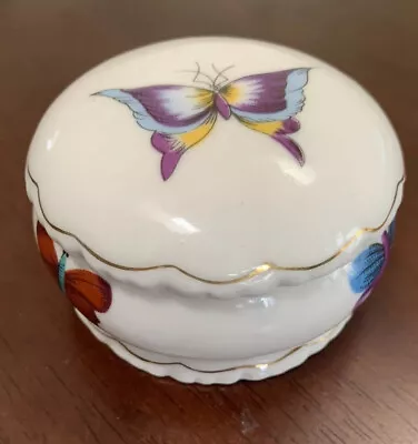 Butterfly Trinket Box Round Lidded Dresser Jewelry Box W/ Gold Trim EUC  🦋 • $7.23