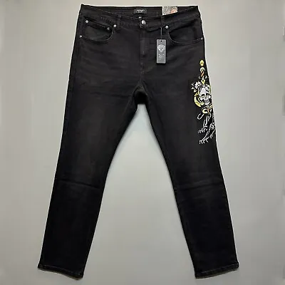 Ed Hardy Jeans Denim 5 Pocket Embroidered Skull Snake Panther Men Sz 38 X 32 Blk • $79.89