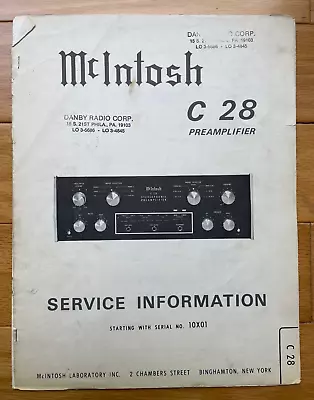 McIntosh C-28 Preamplifier Service Information Manual Incl. Full Size Schematics • $20