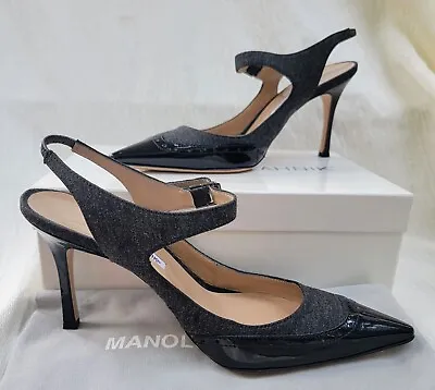 Manolo Blahnik Puricelli Grey Linen W/Black Patent Leather Wingtip Trim 39 (NIB) • $419.99