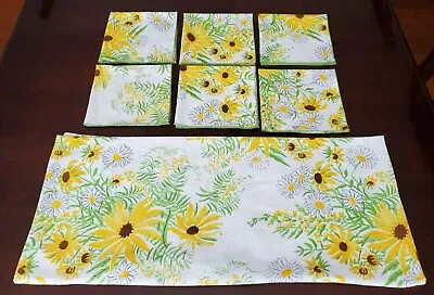 70s Vintage Vera Tablecloth & 6 Napkins Sunflower Daisy Yellow Green Print AS IS • $30