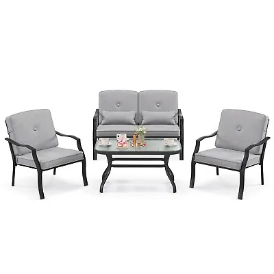 4 Pcs Patio Conversation Set Outdoor Furniture Coffee Table Cushion Chair Bench • £245.95