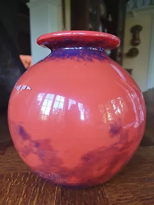 Muller Freres Art Deco Pâte De Verre Vase 9 X 9  Red/Orange & Blue With Mica  • $395