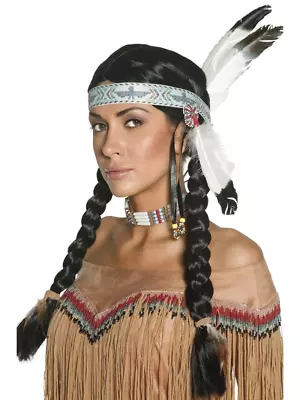 Native Indian Wig Plaits With Feather Headband Wild West Fancy Dress Accessory • $38.95