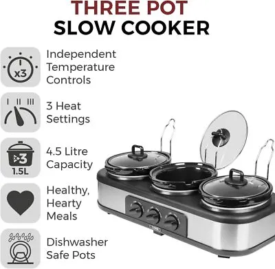 £59.95 • Buy Slow Cooker 3 Pot By Tower T16015 Food Warmer/Buffet Sever 3 X 1.5L Pots S/S