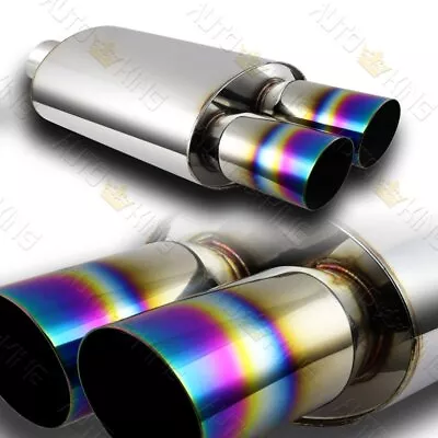 Universal 3  Dual Slant Rainbow Burnt Tip Stainless 3  Inlet Exhaust Muffler • $49.24
